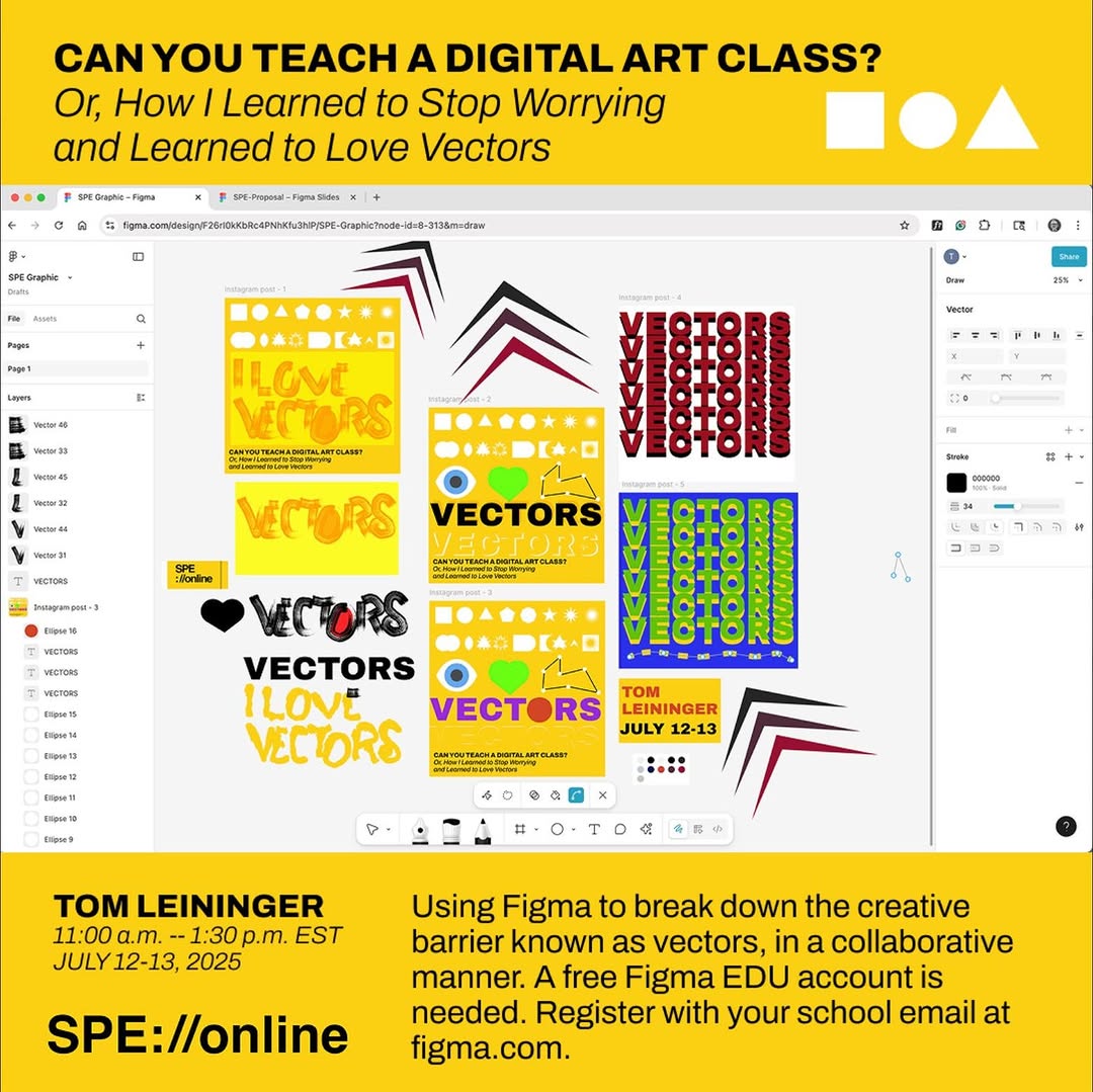 Can You Teach A Digital Art Class?
Or, How I Learned to Stop Worrying and Learned to Love Vectors
SPE Summer School: Professional Development Workshop

If I am asked to teach a class, I always say yes. I know I will always grow from the experience. This attitude brought me face to face with the prospect of introduction to digital arts classes. Traditionally, these classes teach the trinity of Adobe: Photoshop, Illustrator, and InDesign. Photoshop is not a problem for a photographer. Having worked in journalism, I was familiar with InDesign and understood the fundamental basics of graphic design, but Illustrator was what I didn’t know, and I had to teach myself. A lot of times, the students know more than I do. Proficiency with the basics came over time. It was a slow process full of trial and error. I knew enough to get students going, but I was not always able to help them solve problems.

During the COVID-19 lockdown, I discovered Figma, a collaborative design tool that works in a browser. It is a modern interpretation of a vector-based application that works on a Chromebook or iPad. It is stripped down with a simpler interface and approachable. Using it has made working with vectors manageable and fun. I have gained a greater understanding of the fundamental basics of vectors using it.

The goal of this workshop, over two half-days, is to explain how I have learned to embrace the vector creation process from the point of view of a photographer who is not a designer or digital artist. I will address techniques and examples used in developing assignments for an introductory class. There will be a hands-on feature of the workshop where we will create vectors as a group. I will share the framework I use for teaching classes like this, no matter the application used. I have shifted my current class from the limiting idea of “teaching software” to teaching an understanding of how vectors work and how they can be used to express abstract ideas in visual forms. My goal is to help those who could teach these kinds of classes not to make all of the mistakes I have.