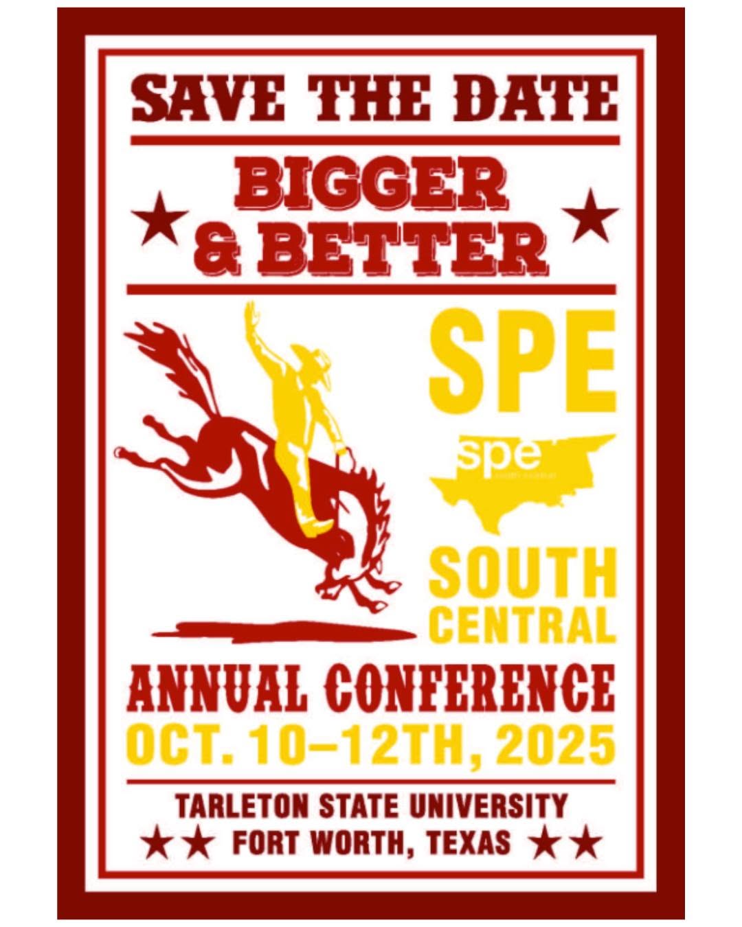 Bigger & Better
October 10-12, 2025
Tarleton State University, Fort Worth, Texas

Saddle up for three days of photography, education, and community at 'Bigger & Better' the SPE South Central 2025 Conference! Hosted at Tarleton State University's Fort Worth campus.