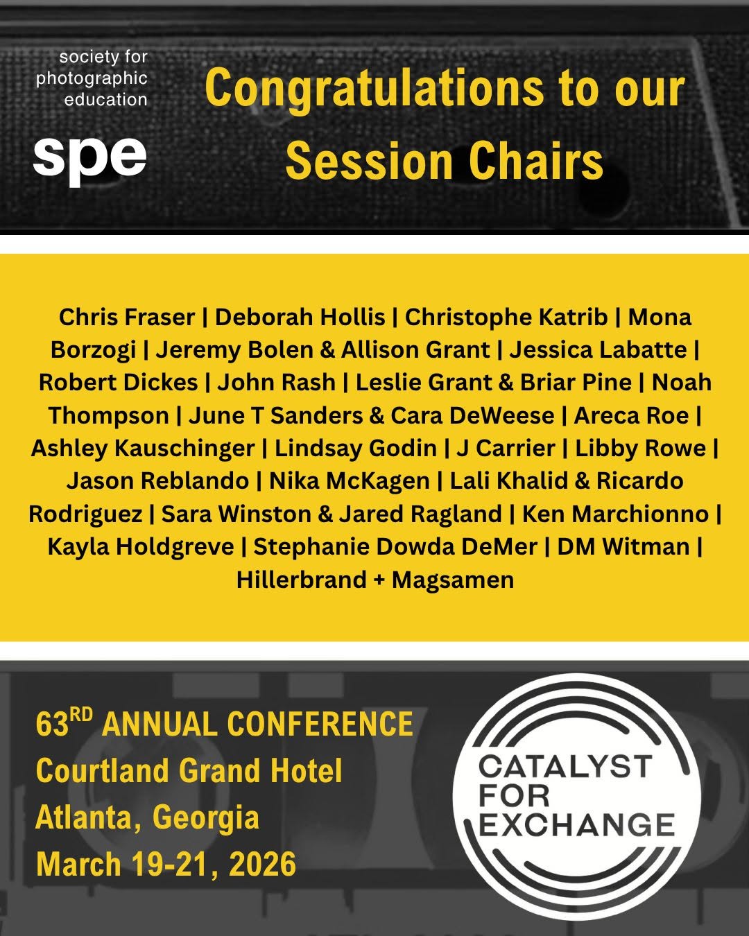 We would like to congratulate our 2026 Session Chairs. Be sure to check out more information about their sessions and apply to participate!  Link in Bio! 

#photography #education #conference #art #SPE #atl2026 #apply #pedagogy #imagemaking #dialogue
