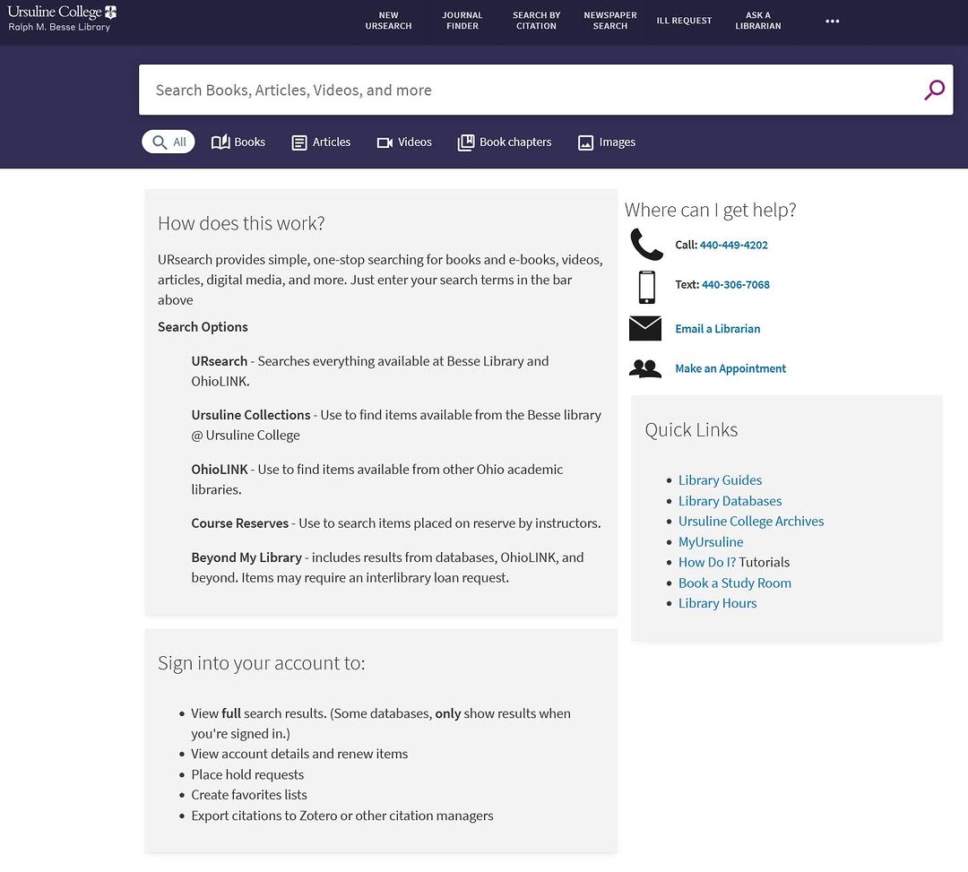 Besse Library's new Library Services Platform is officially live!
It is an enhanced URsearch for 21st-century scholars.

🔥 Simplified searching
🔥 More full text available
🔥 Integrated access to Ohiolink book borrowing and article requesting

Explore @ ursearch.ursuline.edu.edu
Stop in and ask for a demo. 
#besselibrary  #arrowsstrong